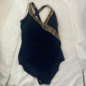 Roxanne Bra-Size One Piece Swimsuit black  gold embroidered women sz 12-34D